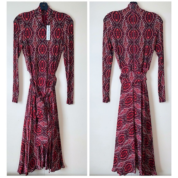 Alice + Olivia Clare Turtleneck Long Sleeve Midi Boho Burgundy Red Dress - Picture 7 of 16